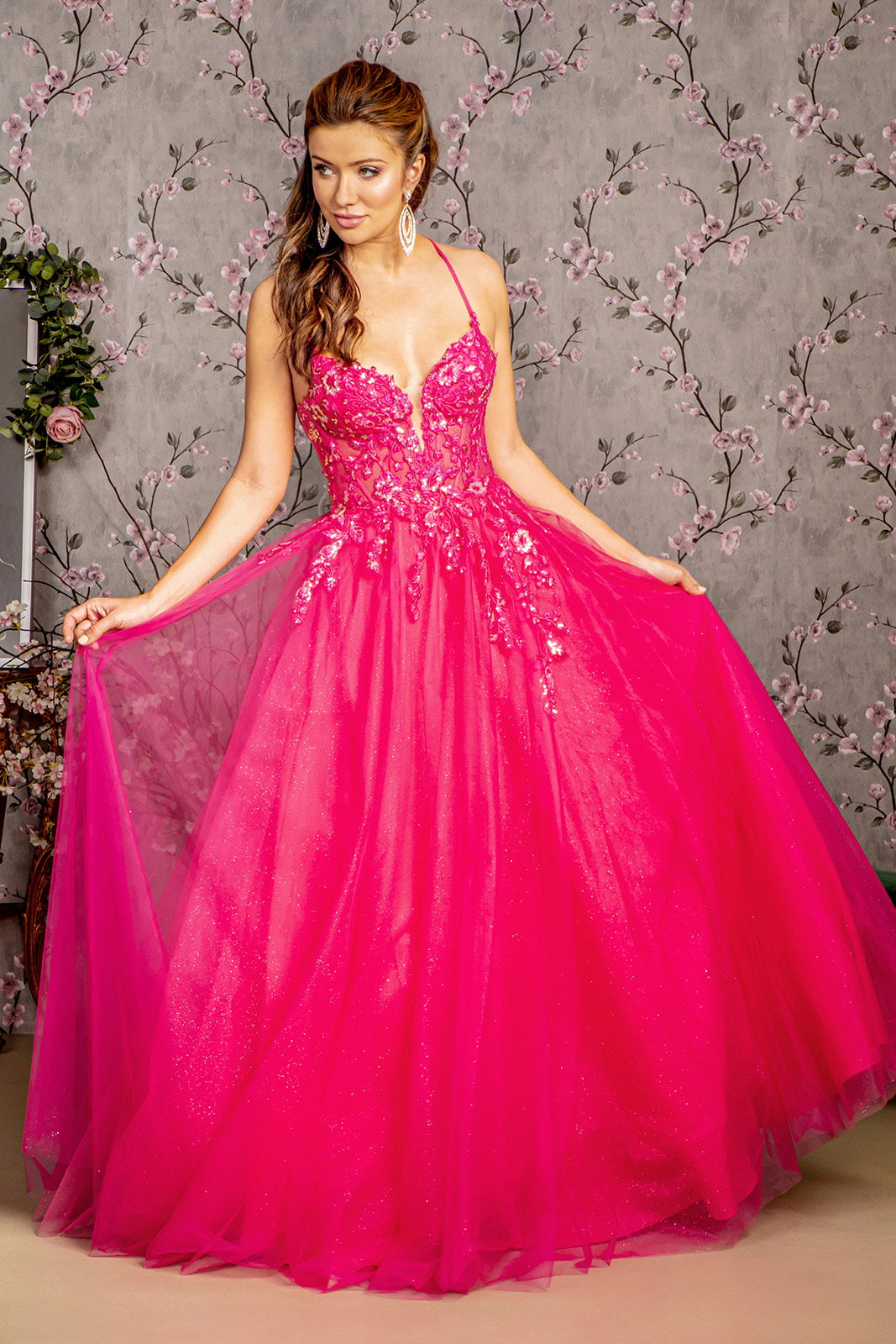 Sequin Glitter Sheer Corset Bodice Mesh A Line Long Dress