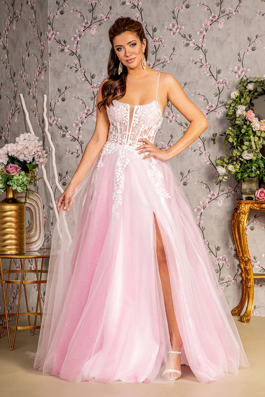 Embroidery Sequin Sheer Bodice Mesh A Line Long Dress