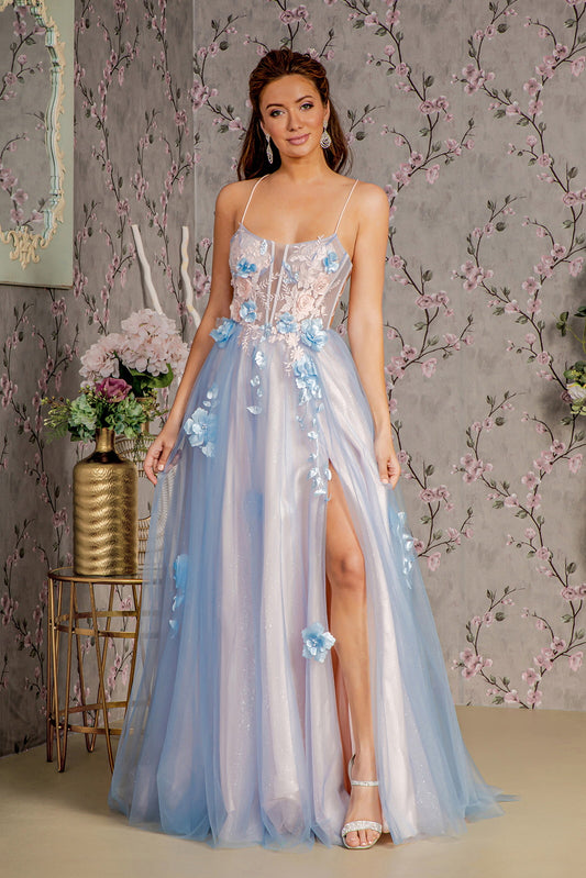 3 D Flower Sheer Bodice Cut Out Back Mesh A Line Long Dress