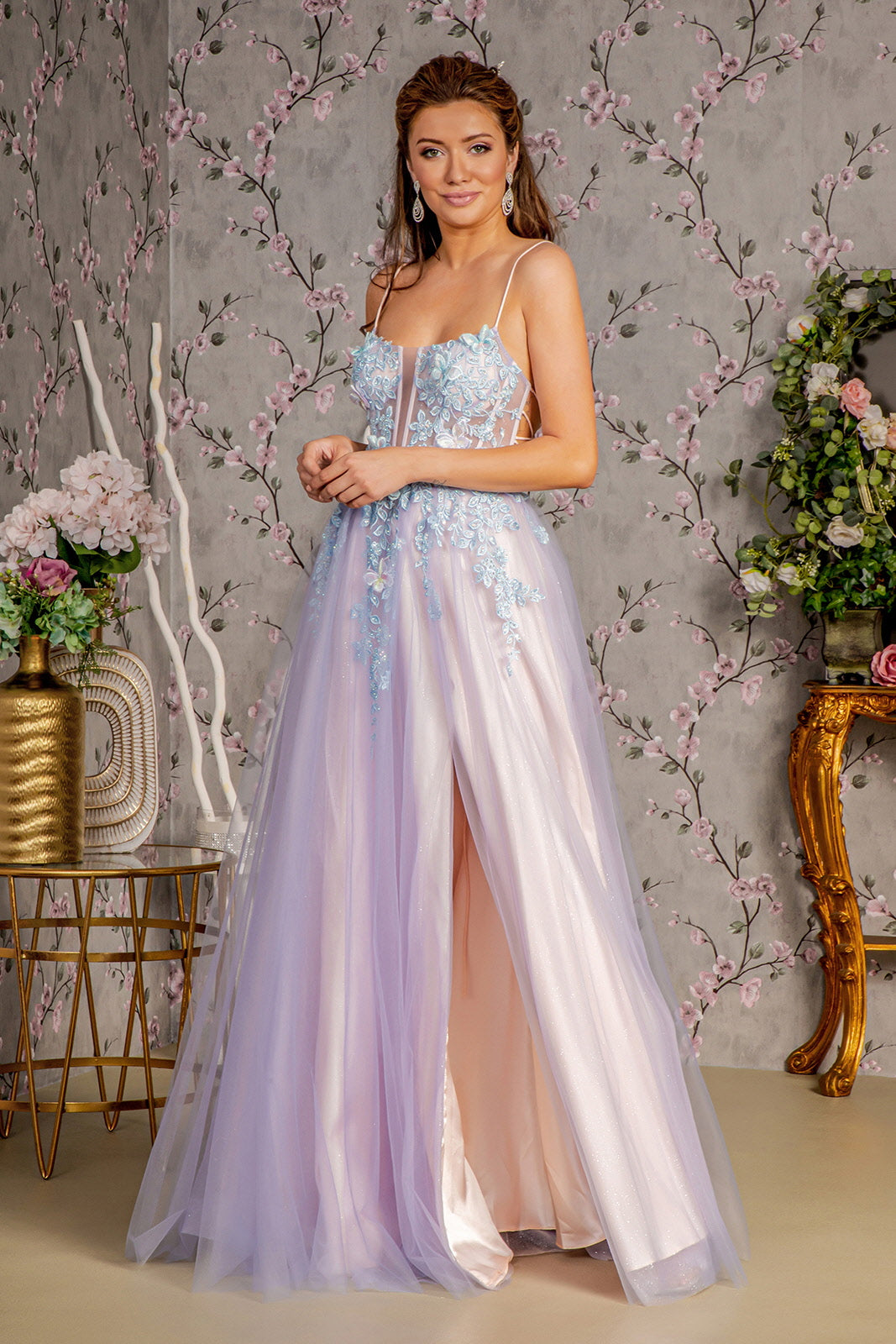 3 D Butterfly Sheer Bodice Cut Out Back Mesh A Line Long Dress