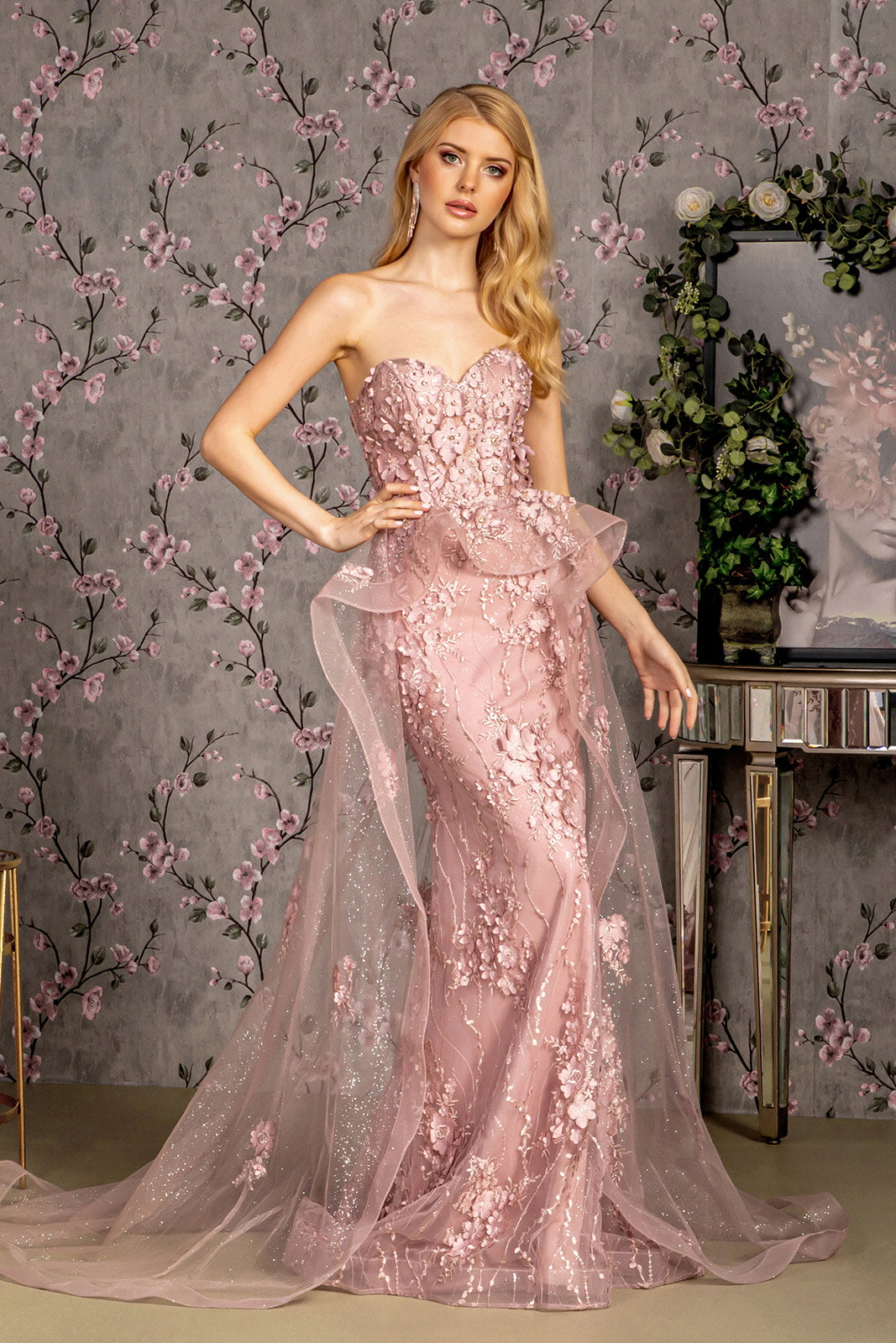 Jewel Strapless Mesh Mermaid Long Dress W Waist Drape