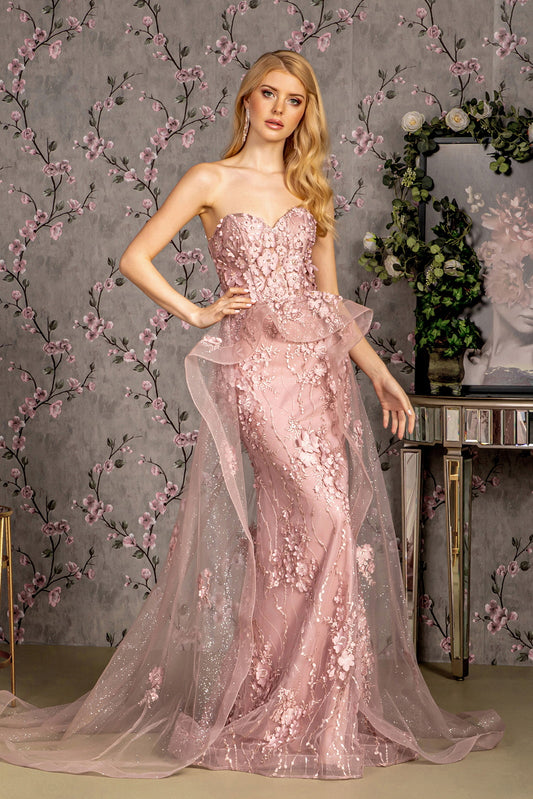 Jewel Strapless Mesh Mermaid Long Dress W Waist Drape