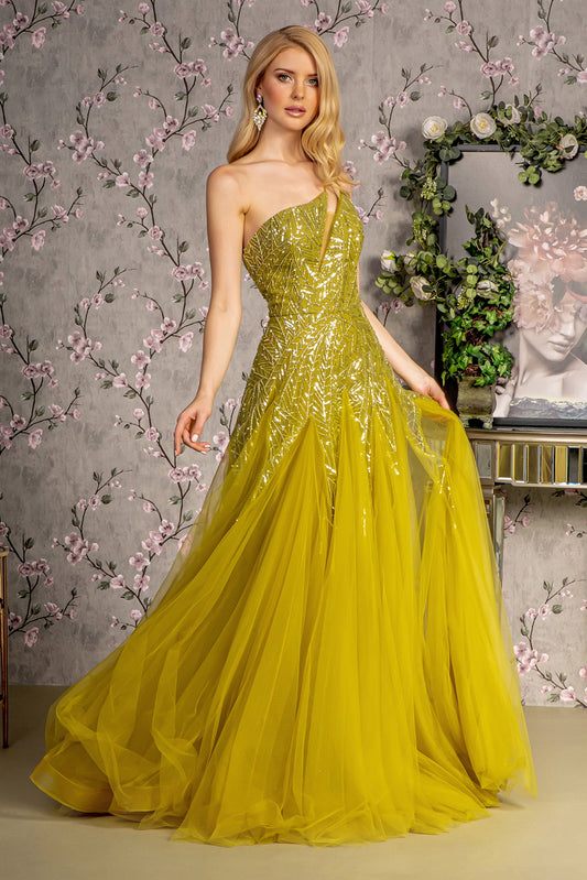 Asymmetric Sequin Sheer Cut Out Front Mesh A Line Long Dress
