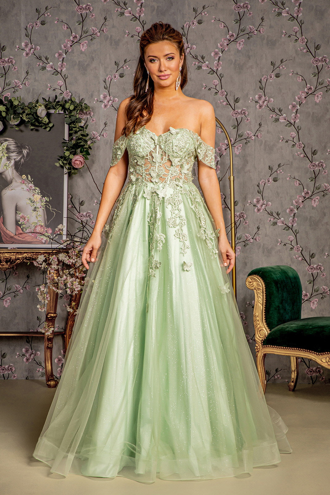 3 D Butterfly Bead Sheer Bodice Mesh A Line Long Dress