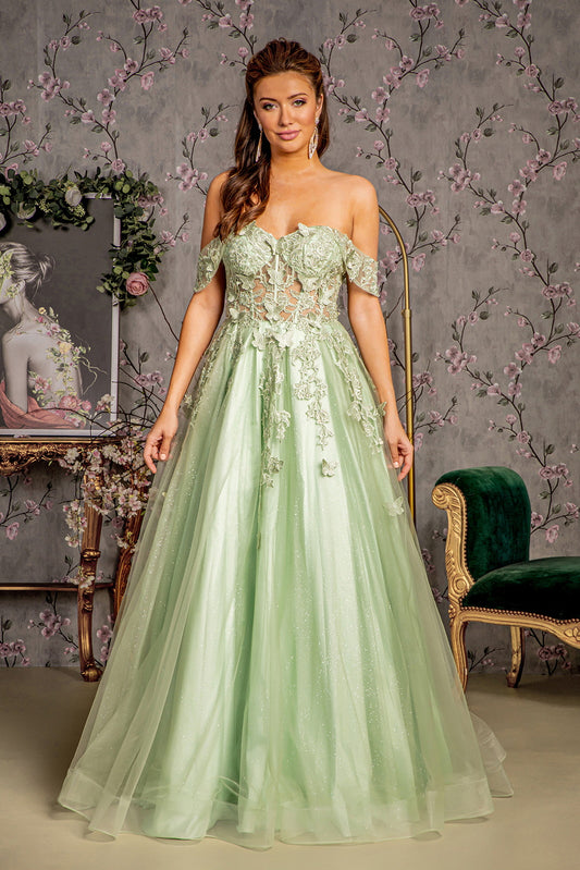 3 D Butterfly Bead Sheer Bodice Mesh A Line Long Dress