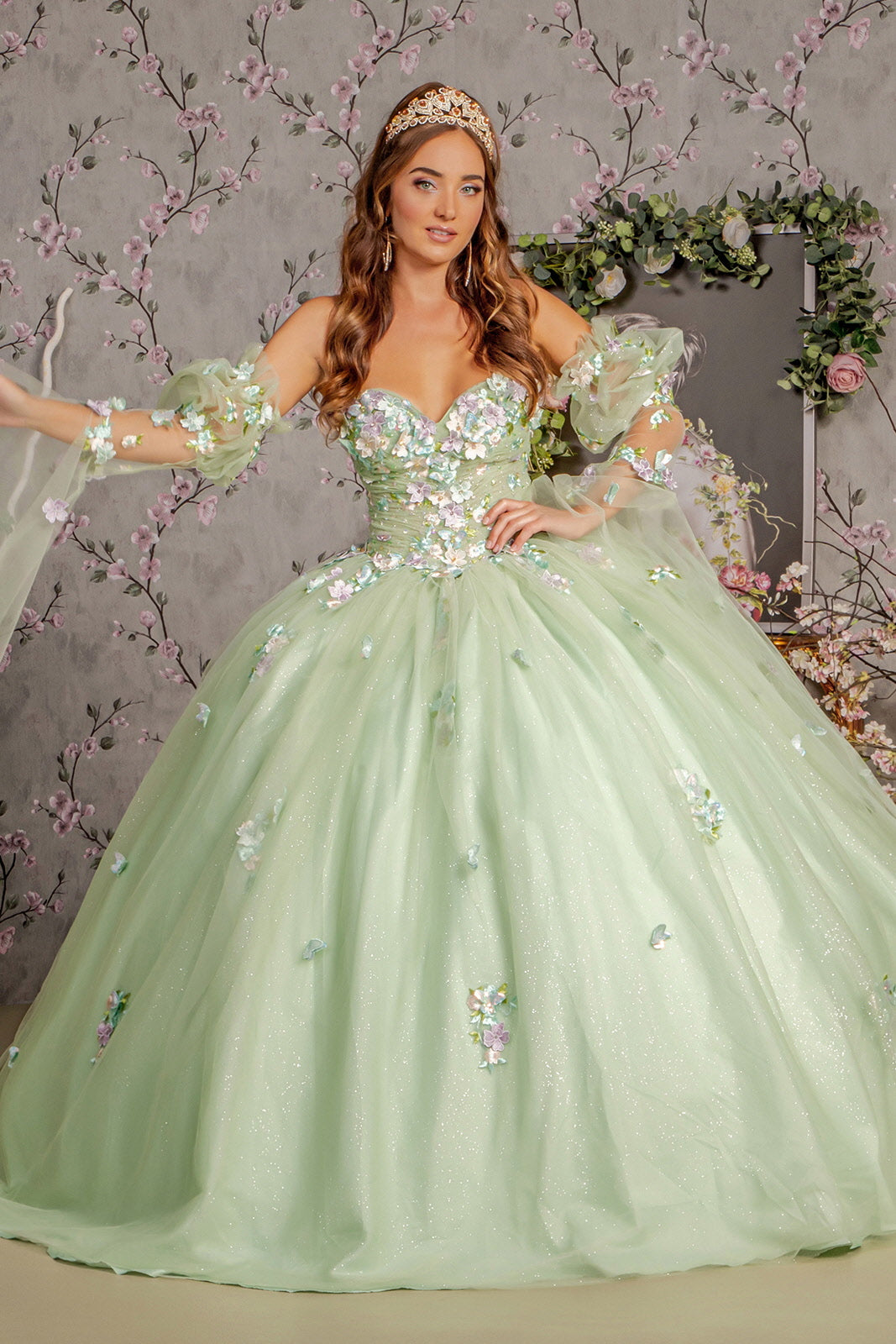 3 D Flower Ruched Bodice Mesh Ball Gown W Long Puff Sleeves