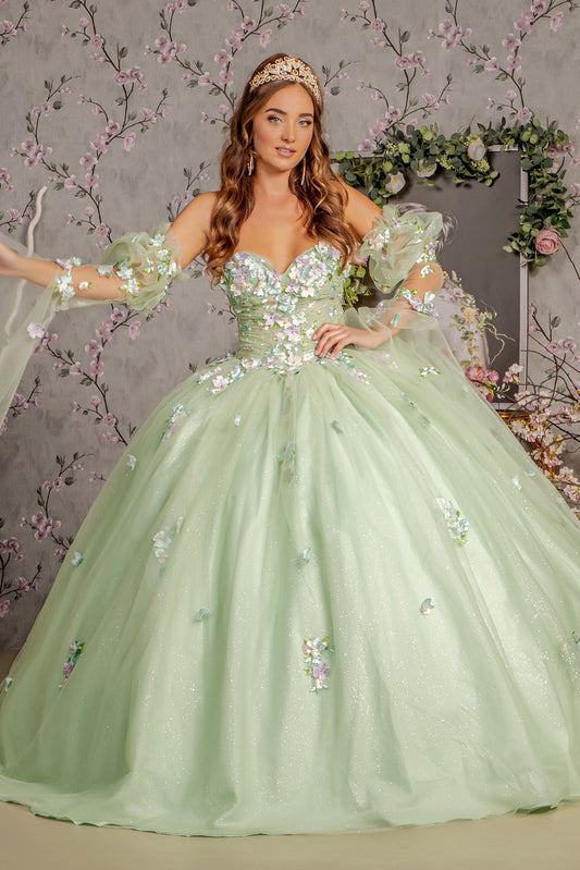 3 D Flower Ruched Bodice Mesh Ball Gown W Long Puff Sleeves