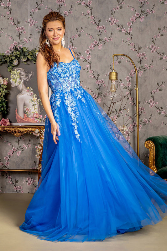 Jewel 3 D Flower Sheer Bodice Mesh A Line Long Dress