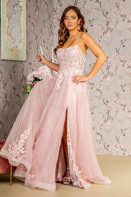 Embroidery Bead Sheer Bodice Mesh A Line Long Dress