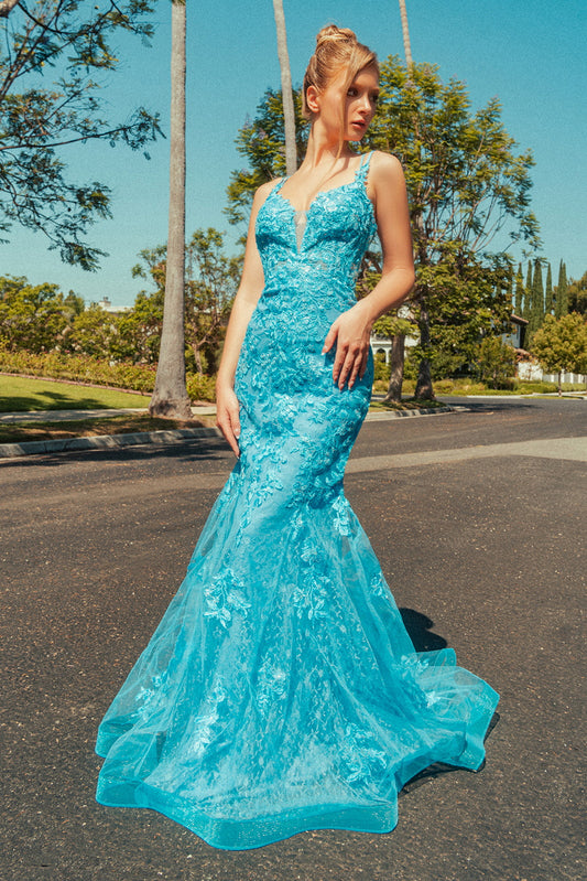 Floral Embroidery Sequin Sheer Bodice Mesh Mermaid Long Dress