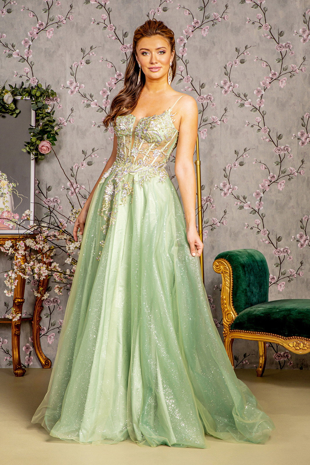 3 D Flower Jewel Sheer Corset Bodice Mesh A Line Long Dress