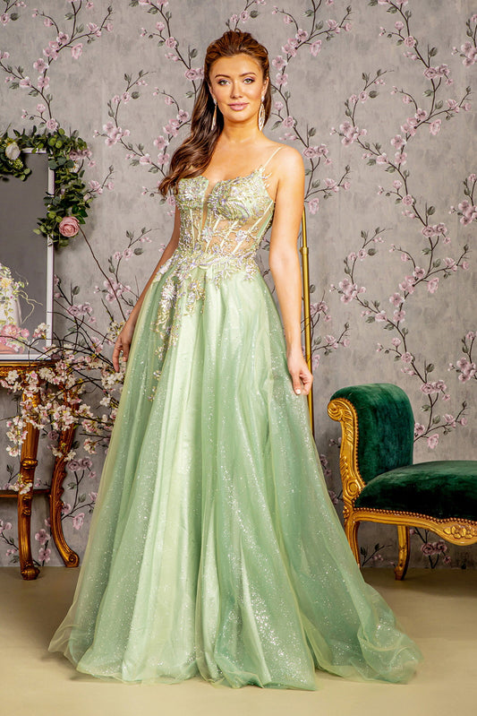 3 D Flower Jewel Sheer Corset Bodice Mesh A Line Long Dress