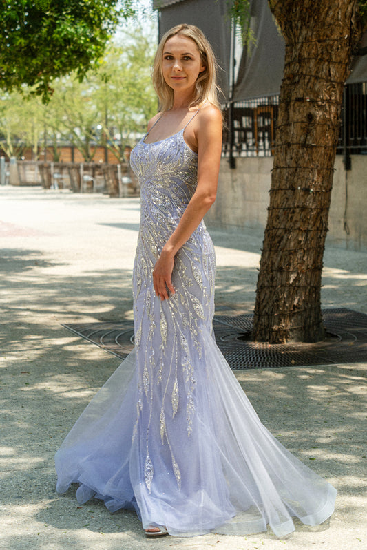 Metallic Embroidery Mesh Trumpet Long Dress W Side Slit