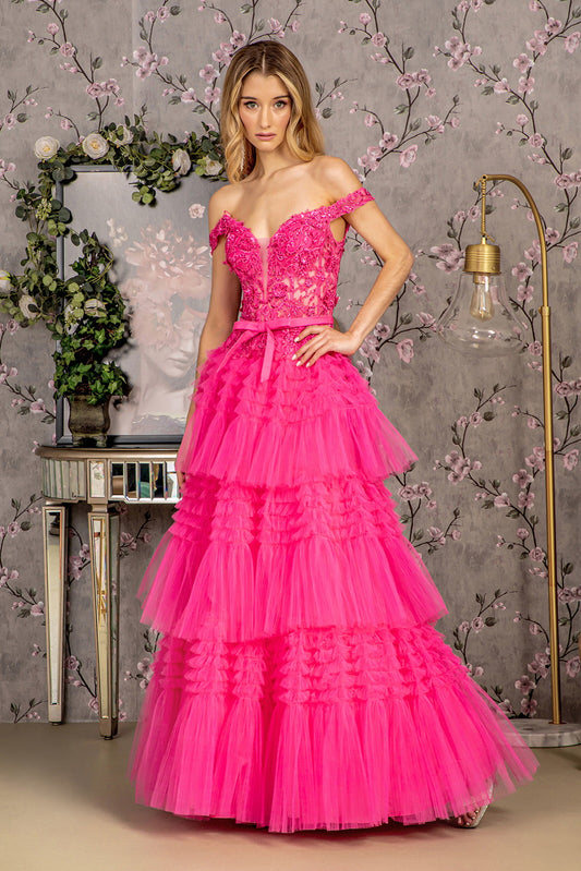 3 D Flower Off Shoulder Mesh A Line Long Dress W Ribbon Waist Band