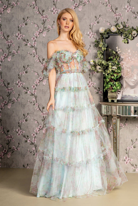 Sweetheart Off Shoulder Ruffle Mesh A Line Long Dress
