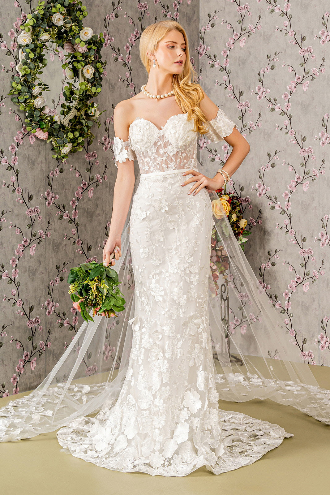 Floral Embroidery Mesh Mermaid Wedding Gown W Long Back Drape