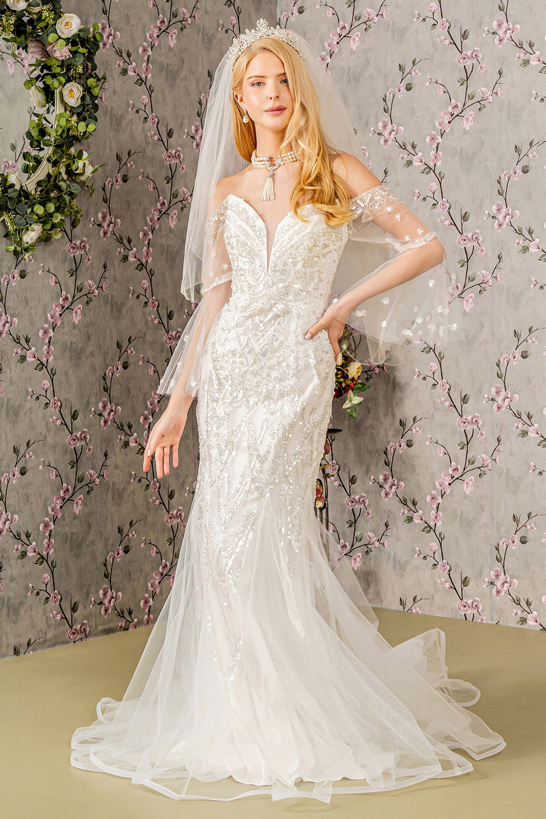 Bead Sequin Mesh Mermaid Wedding Gown W Long Sleeves