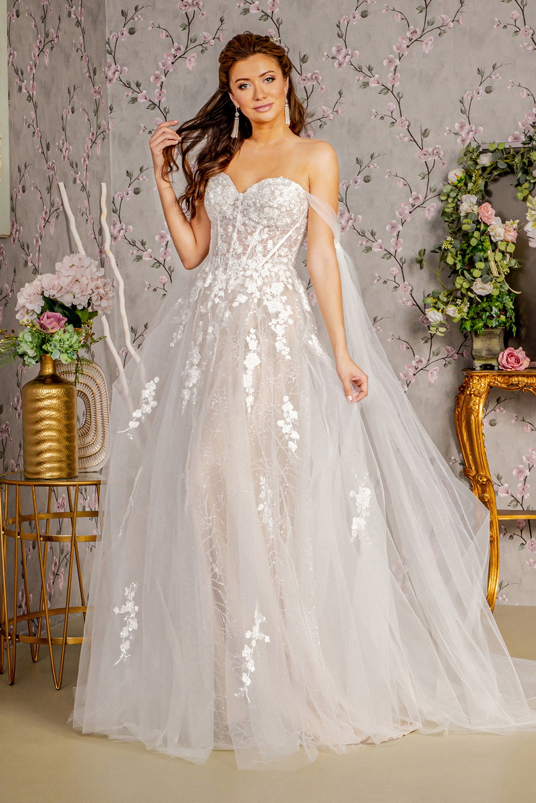 Floral Embroidery Mesh A Line Wedding Gown W Long Side Drapes