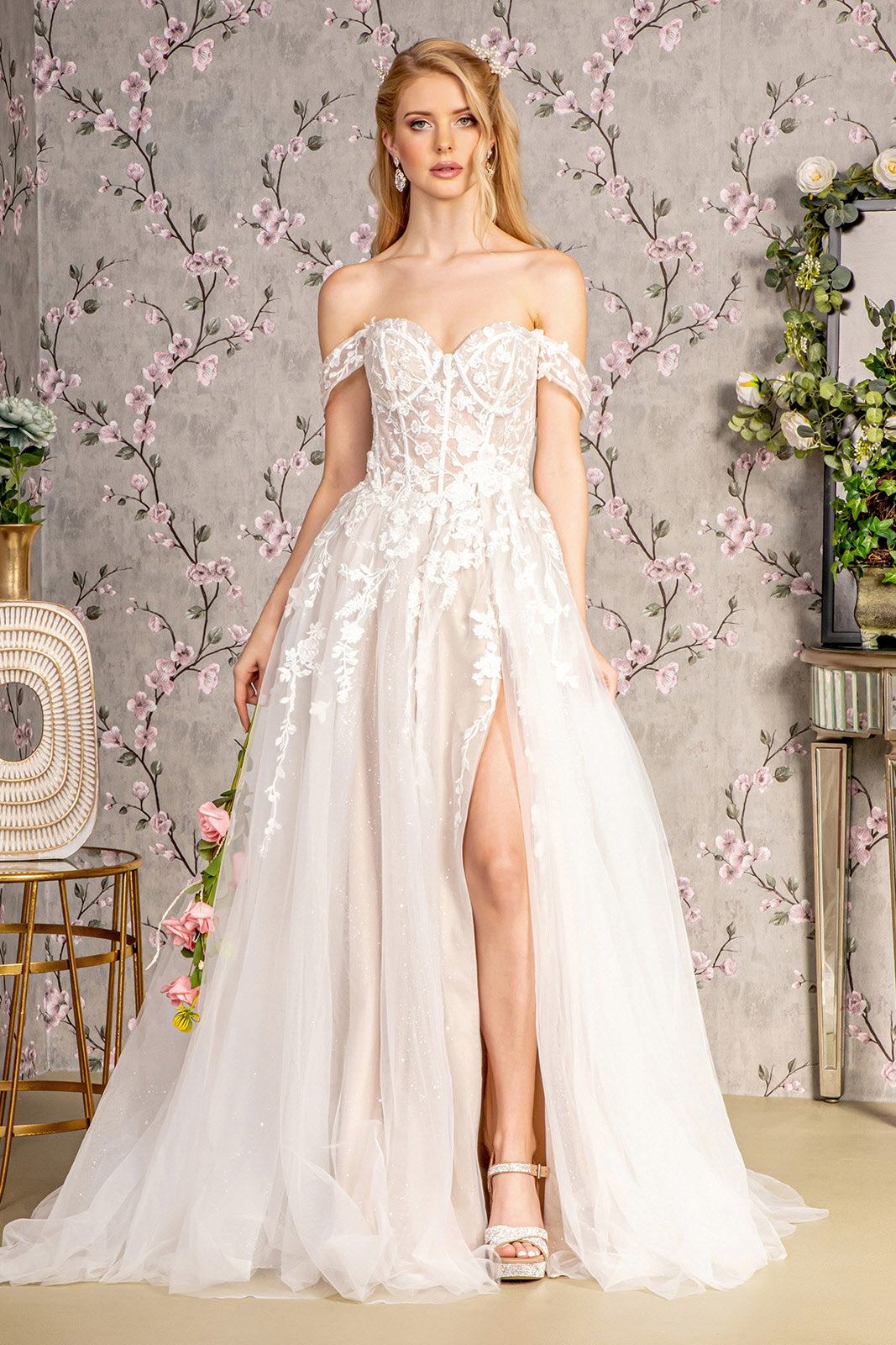 Floral Embroidery Sheer Bodice Off Shoulder Mesh A Line Wedding Gown