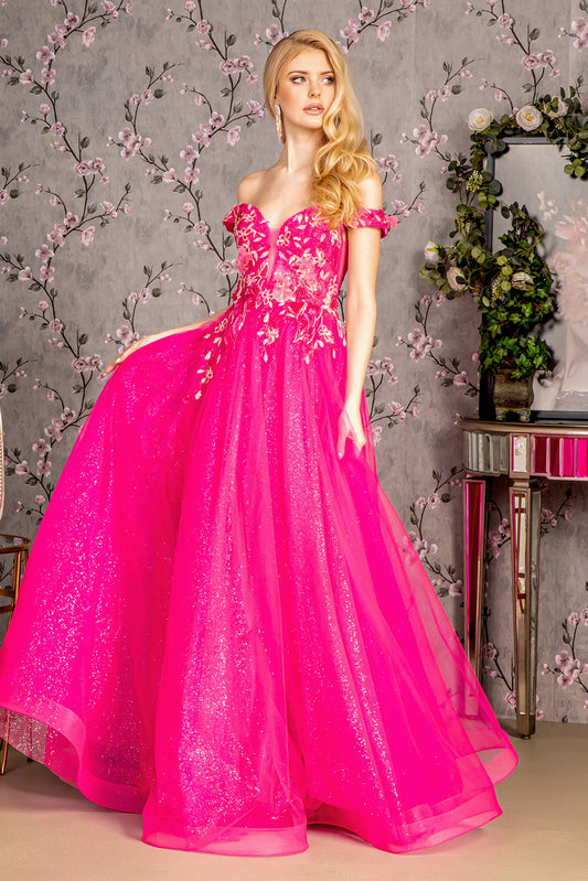 3 D Flower Emboridery Sheer Bodice Mesh A Line Long Dress