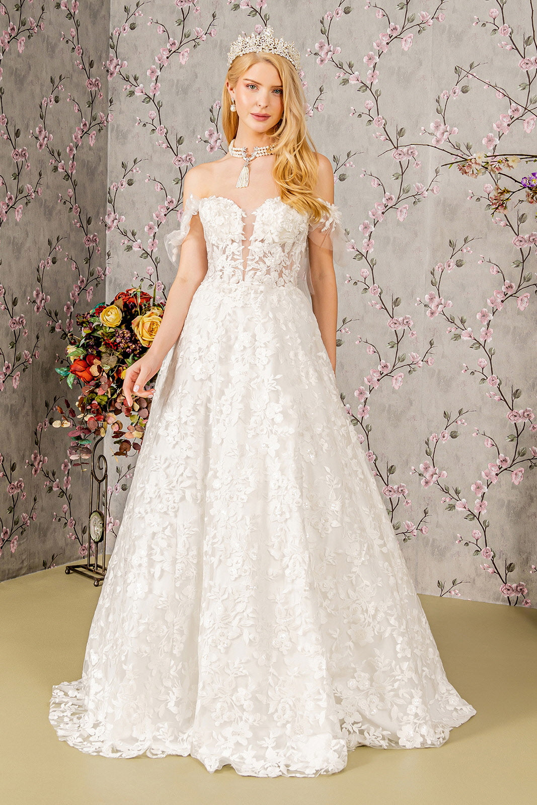 Sheer Bodice Sweetheart Mesh Ball Gown W Long Back Drape