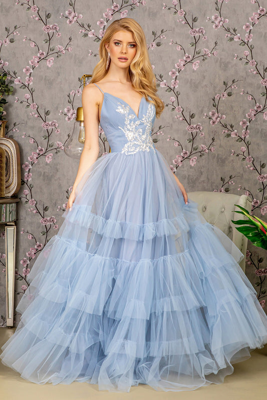 Sequin Bead Sweetheart Ruffled Skirt Mesh A Line Long Dress