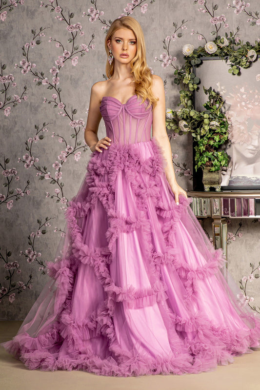 Strapless Sheer Bodice Ruffled Skirt Mesh A Line Long Dress