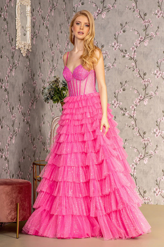 Glitter Sheer Corset Bodice Ruffled Skirt Mesh A Line Long Dress