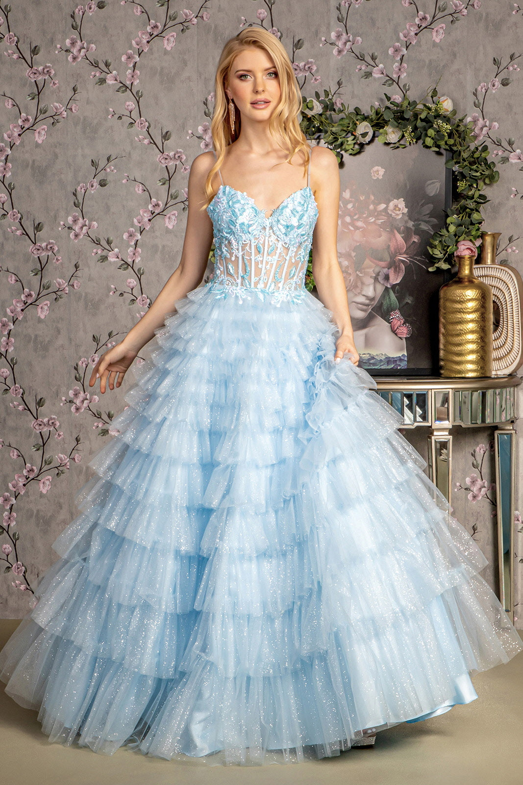 Embroidery Glitter Sheer Bodice Ruffled Skirt Mesh A Line Long Dress