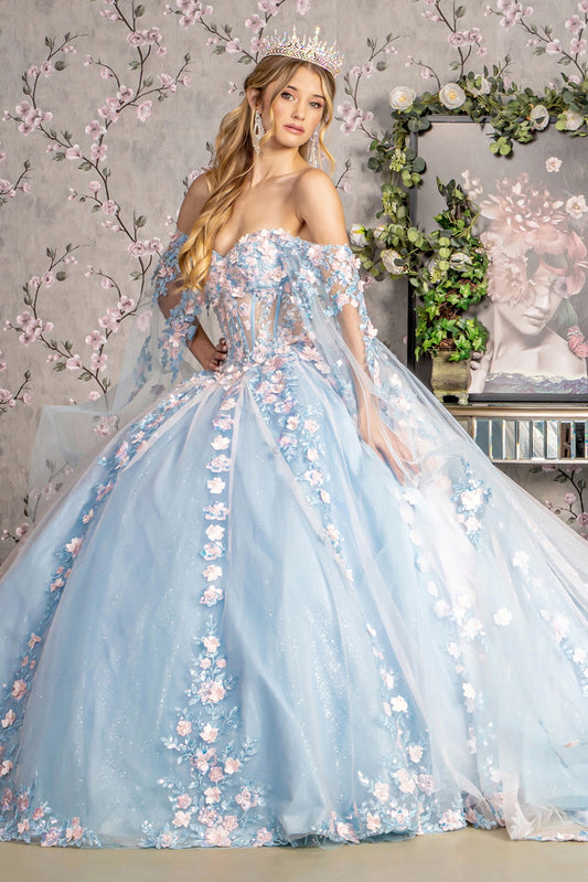 3 D Flower Sheer Bodice Mesh Ball Gown W Side Mesh Long Drapes