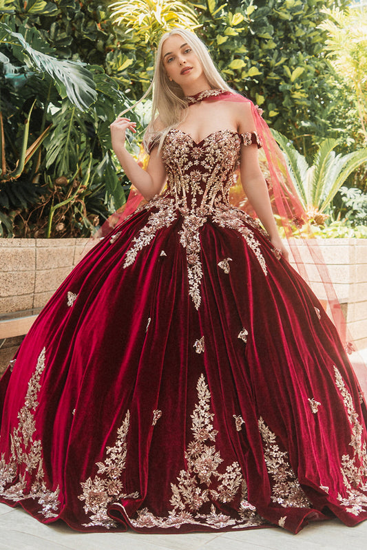 Metallic Embroidery Jewel Velvet Ball Gown W Long Mesh Cape
