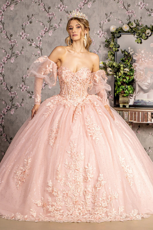 Glitter Embroidery Sheer Bodice Mesh Ball Gown W Long Puff Sleeves
