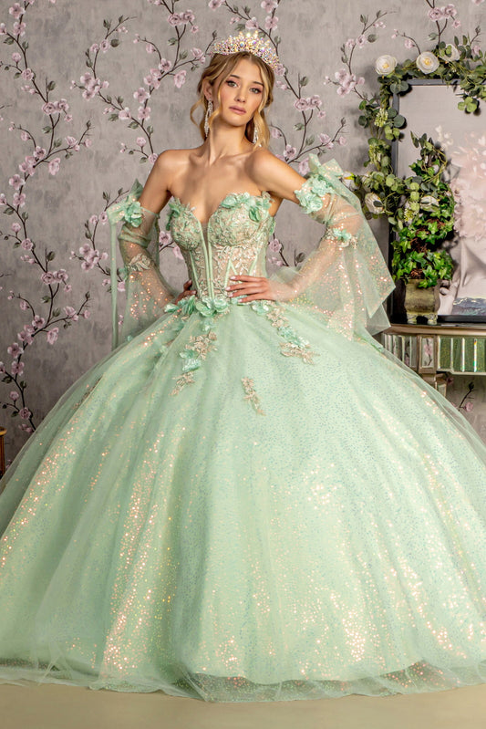 3 D Flower Jewel Sheer Bodice Mesh Ball Gown W Long Sleeves