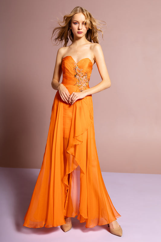Fuchsia Orange Strapless Sweetheart High Low Dress With Ruched Bust And Over Skirt
