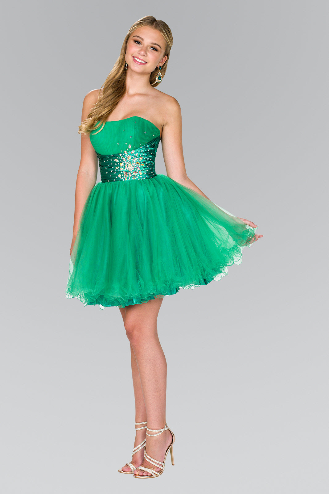 Green Strapless Sweetheart Tulle Short Dress With Pleated Bodice And Jewel Detailing