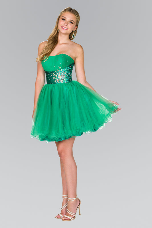 Green Strapless Sweetheart Tulle Short Dress With Pleated Bodice And Jewel Detailing