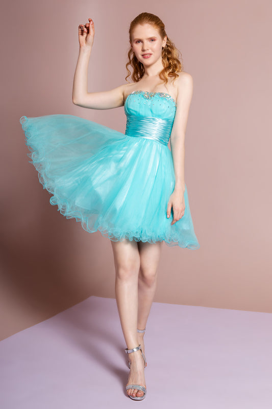 Coral Gold Lilac Lime Mint Silver White Strapless Sweetheart Beaded Tulle Short Dress With Pleated Satin Waistband