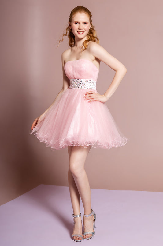 Blush Mint Red Royal Blue Strapless Sweetheart Tulle Short Dress Accented With Jewel Embellished Waistline