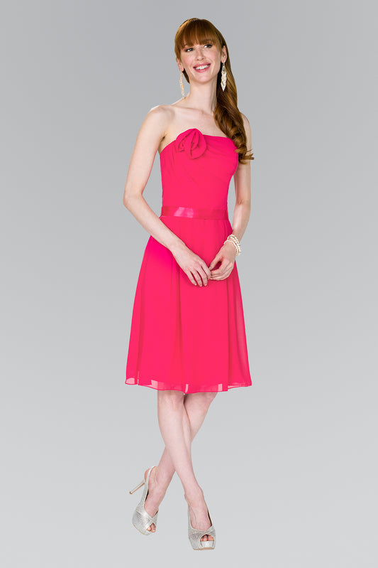 Blue Dusty Rose Fuchsia Orange Silver Strapless Chiffon Short Dress With Floral Accent And Satin Waistband
