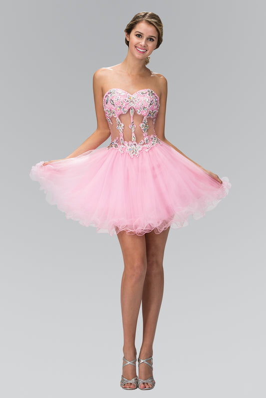 Lilac Pink Turquoise Strapless Sweetheart Bead And Sequin Embellished Tulle Short Dress With Sheer Waistline