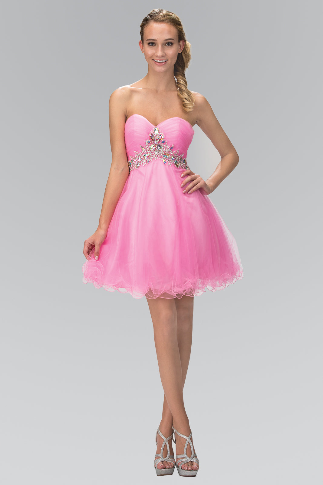 Coral Mint Pink Tiffany Strapless Sweetheart Tulle Short Dress Accented With Jewel