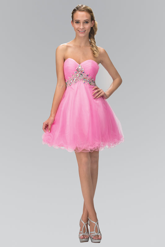 Coral Mint Pink Tiffany Strapless Sweetheart Tulle Short Dress Accented With Jewel