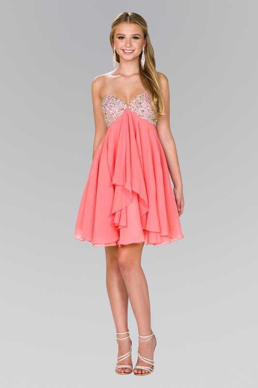 Aqua Coral Silver Strapless Chiffon Short Dress With Jewel Detailing
