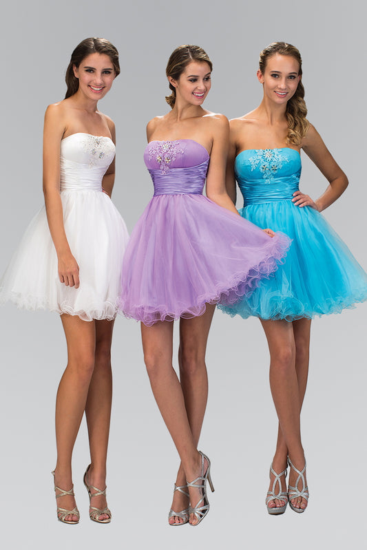 Baby Blue Lilac Mint White Yellow Short Tulle Dress With Pleated Waistband And Floral Lace