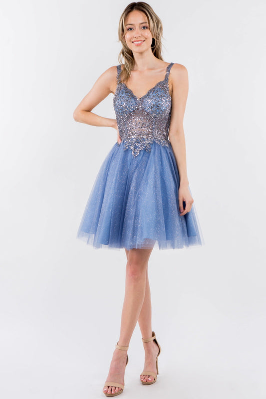 Sequin And Glitter Embellished Sheer Bodice V Neck Short Dress