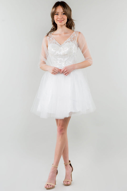 Glitter Embellished Bodice V Neck Tulle Short Dress