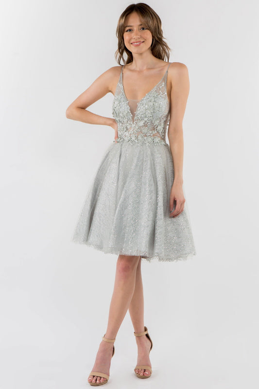 Sheer Bodice V Neck Glitter Mesh Homecoming Dress
