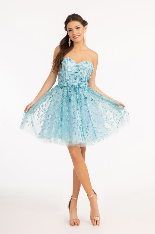 3D Floral Apllique Embellished Glitter Mesh Sweetheart Short Dress