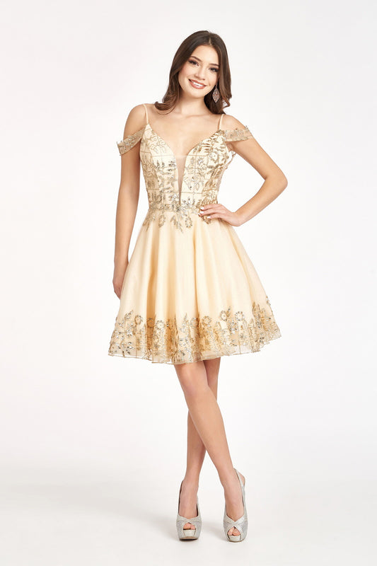 Glitter Embellished V Neck Mesh Homecoming Dress