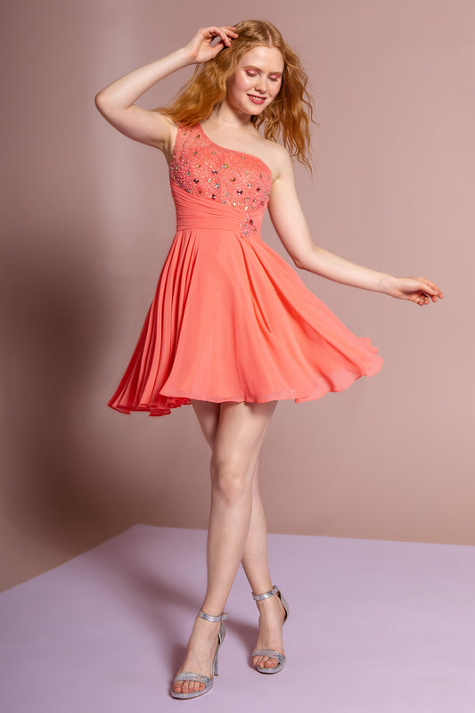 Blue Coral Mint One Shoulder Chiffon Short Dress With Bead Detailing